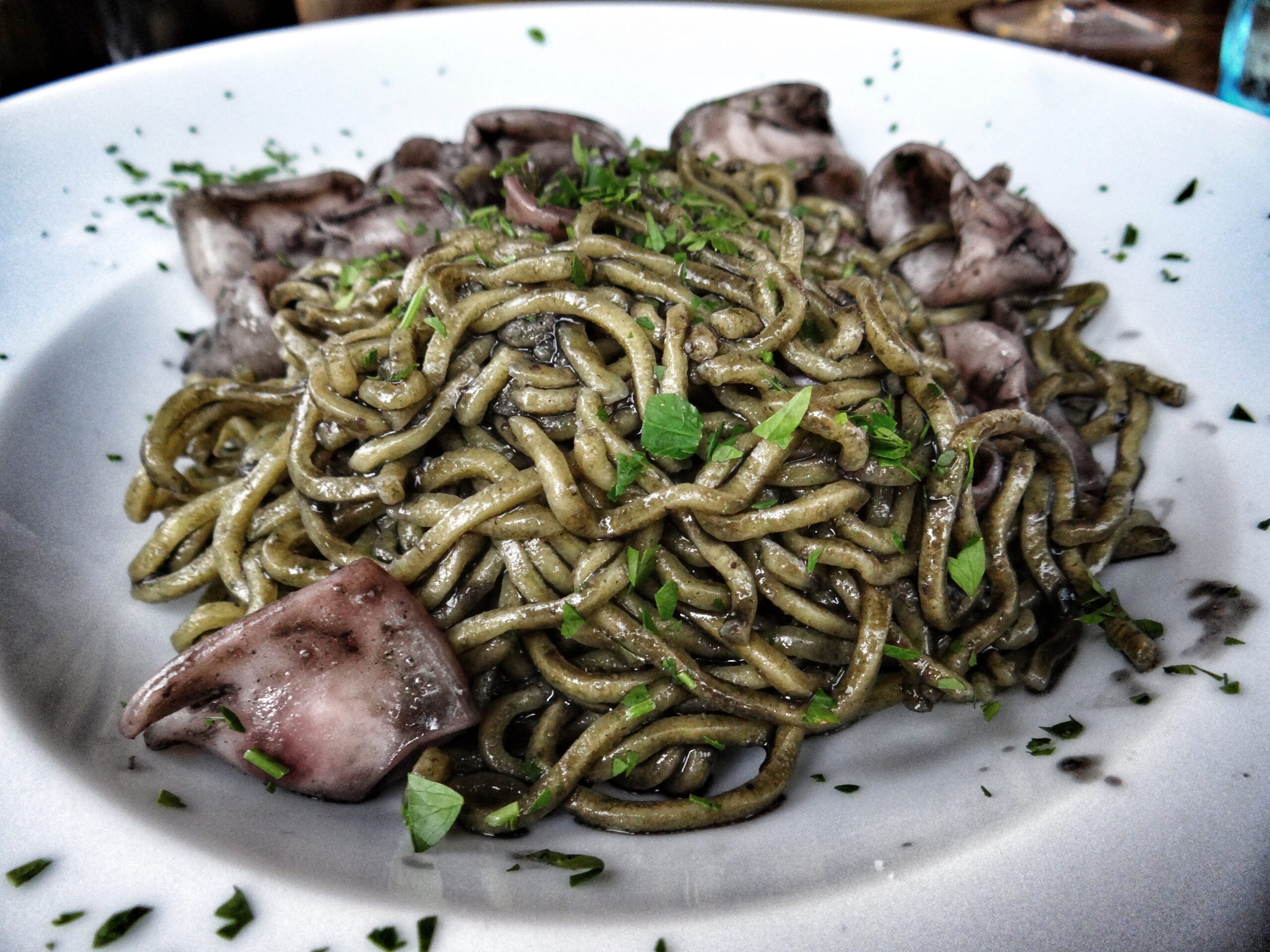 The Big Gay Podcast from Puglia guides to food in Puglia. Brought to you by gaypugliapodcast. Pasta with squid, in squid ink.