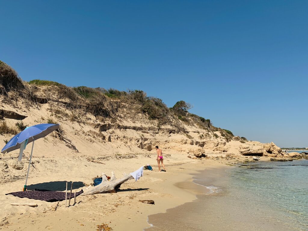 Punta Penna Grossa beach, situated in the Torre Guaceto nature reserve, is one of Puglia’s most popular family beaches | Photo © the Puglia Guys for the Big Gay Podcast from Puglia guides to gay Puglia, Italy’s top gay summer destination