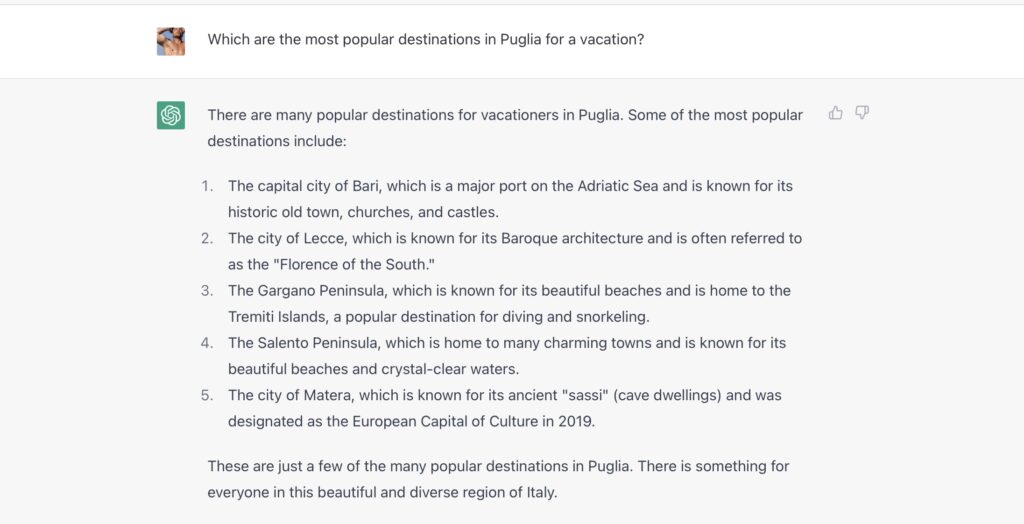The Puglia Guys interview ChatGPT about Puglia, Italy. Which are the most popular destinations in Puglia for a vacation?