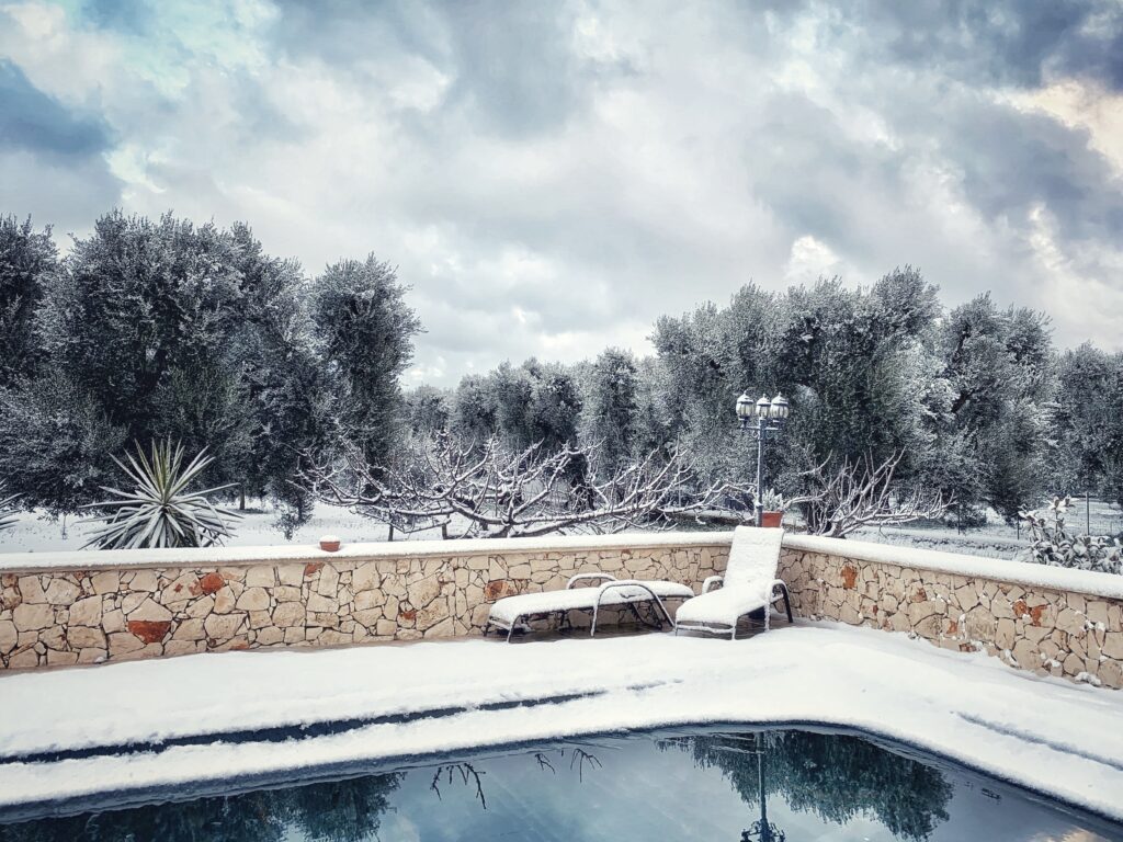 Snow in the Puglia Guys olive grove. Puglia’s weather is predominantly sunny in summer. Check out the Puglia Guys Guide to Puglia’s weather.