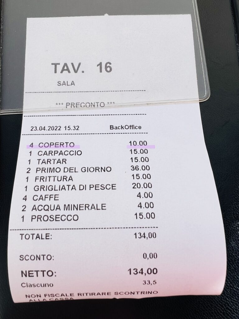 What is the coperto charge on my bill check in Italy? An explanation of the coperto charge on your restaurant bill or check by the Puglia Guys.
