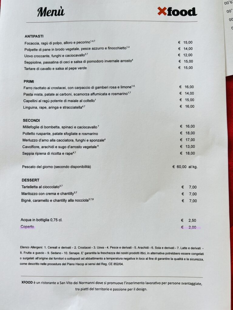 What is the coperto charge on my bill check in Italy? An explanation of the coperto charge on your restaurant bill or check by the Puglia Guys.