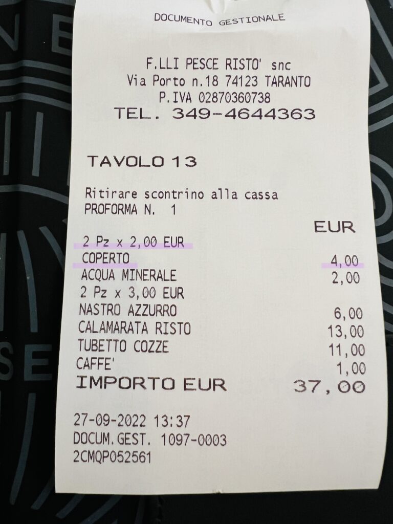 What is the coperto charge on my bill check in Italy? An explanation of the coperto charge on your restaurant bill or check by the Puglia Guys.